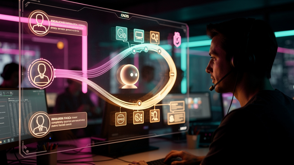 Como Toolzz facilita a transferência de IA para humano no atendimento — Um diagrama visual que mostra o fluxo de uma conversa com um cliente. No início, um chatbot da Toolzz com o logo da Toolzz lida