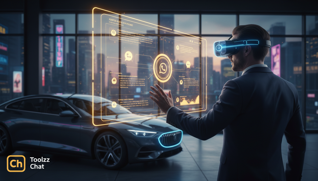 Como Toolzz facilita automação de Instagram em 2026 — Um atendente de concessionária automotiva usando um headset de realidade aumentada, visualizando um dashboard unificado da Toolzz Chat sobreposto 