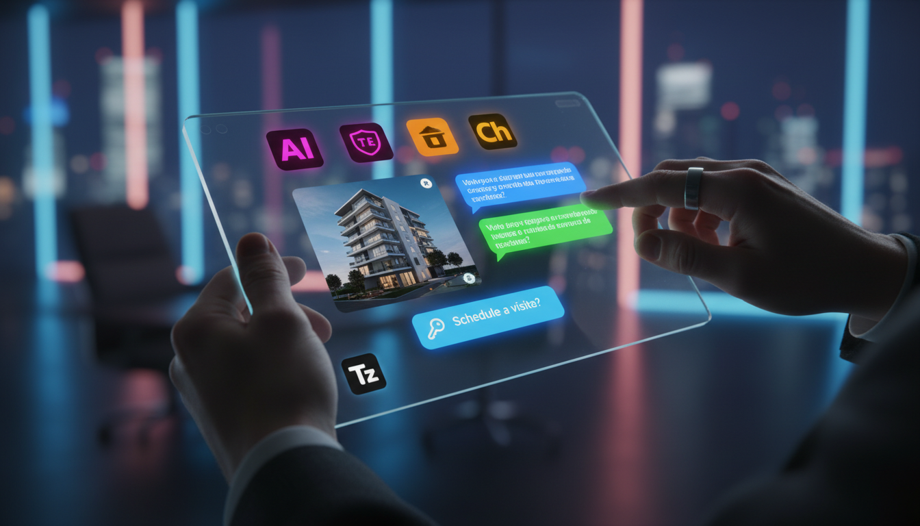 Como Toolzz facilita automação no Instagram em 2026 — Um close-up das mãos de um agente imobiliário em 2026, usando um tablet transparente com a interface do Toolzz SuperApp. O aplicativo mostra um ch