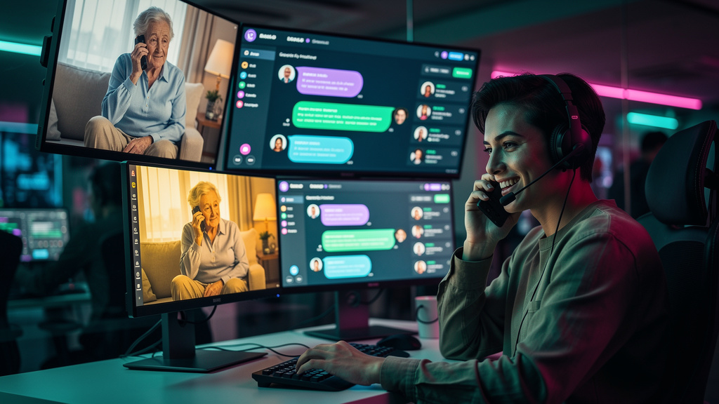 Como Toolzz facilita equipes híbridas de IA e humanos — Um agente de atendimento ao cliente (humano) sorrindo e auxiliando um cliente idoso por telefone, enquanto um chatbot da Toolzz (visualmente rep