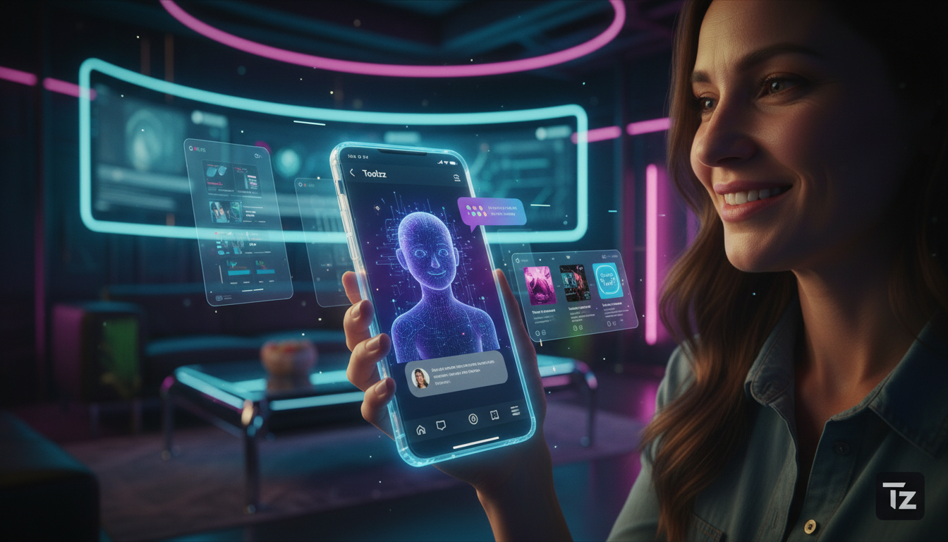 Como Toolzz revoluciona a automação no Instagram em 2026 — Um close-up de um chatbot da Toolzz interagindo de forma amigável e eficiente com um cliente no Instagram, com o logo da Toolzz visível no ca