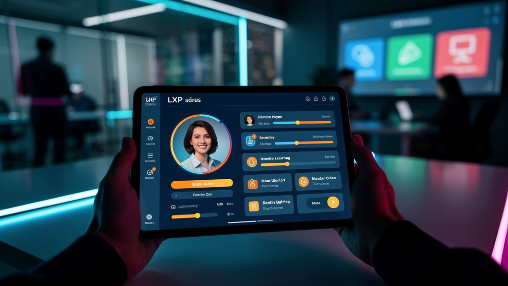 Como Toolzz revoluciona a LXP corporativa em 2026 — Close-up em um tablet exibindo uma interface de LXP com um avatar de IA amigável guiando um usuário através de um curso personalizado. O logo da Too