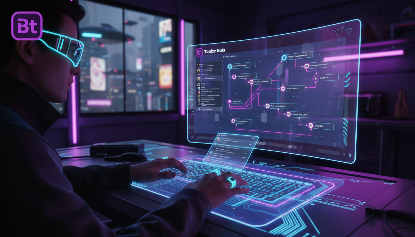 Como Toolzz revoluciona automação Instagram em 2024 — Um usuário navegando no Instagram em seu laptop, com a interface da Toolzz Bots visível em segundo plano, mostrando um fluxo de trabalho automatiz