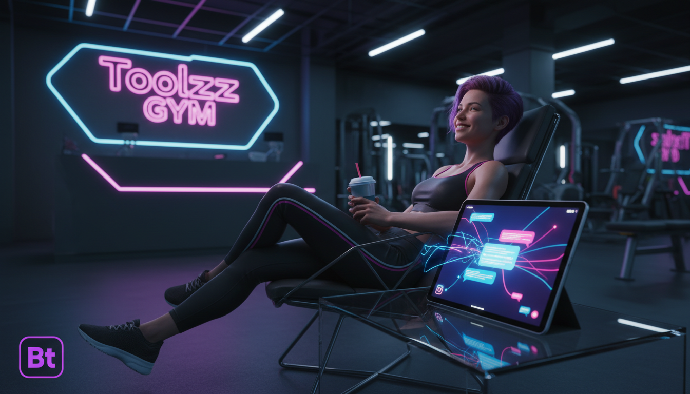 Como Toolzz revoluciona automação Instagram em academias e fitness — Uma pessoa sorrindo e relaxada, sentada em uma recepção de academia, enquanto um chatbot Toolzz responde automaticamente a mensagen