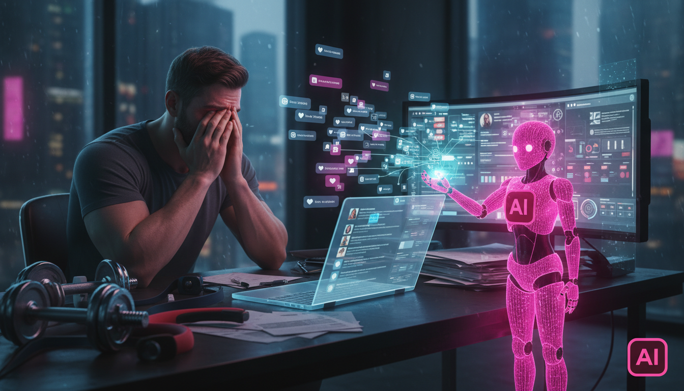 Como Toolzz revoluciona automação Instagram para personal trainers — Um personal trainer exausto, cercado por notificações do Instagram em seu laptop, com pilhas de papéis e uma expressão de frustraçã