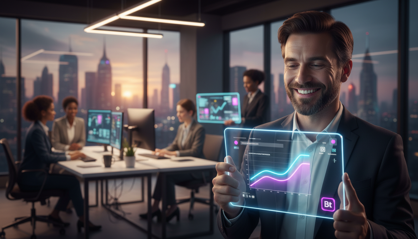 Como Toolzz revoluciona Chatbot Instagram em Contabilidade — Um contador sorrindo, aliviado, observa um painel de controle da Toolzz em seu tablet, mostrando um gráfico de atendimento ao cliente impec