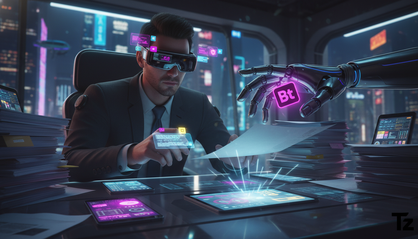 Como Toolzz transforma automação de Instagram em receita para seguros — Um corretor de seguros sobrecarregado, cercado por pilhas de papéis e notificações piscando em vários dispositivos. Uma mão robó