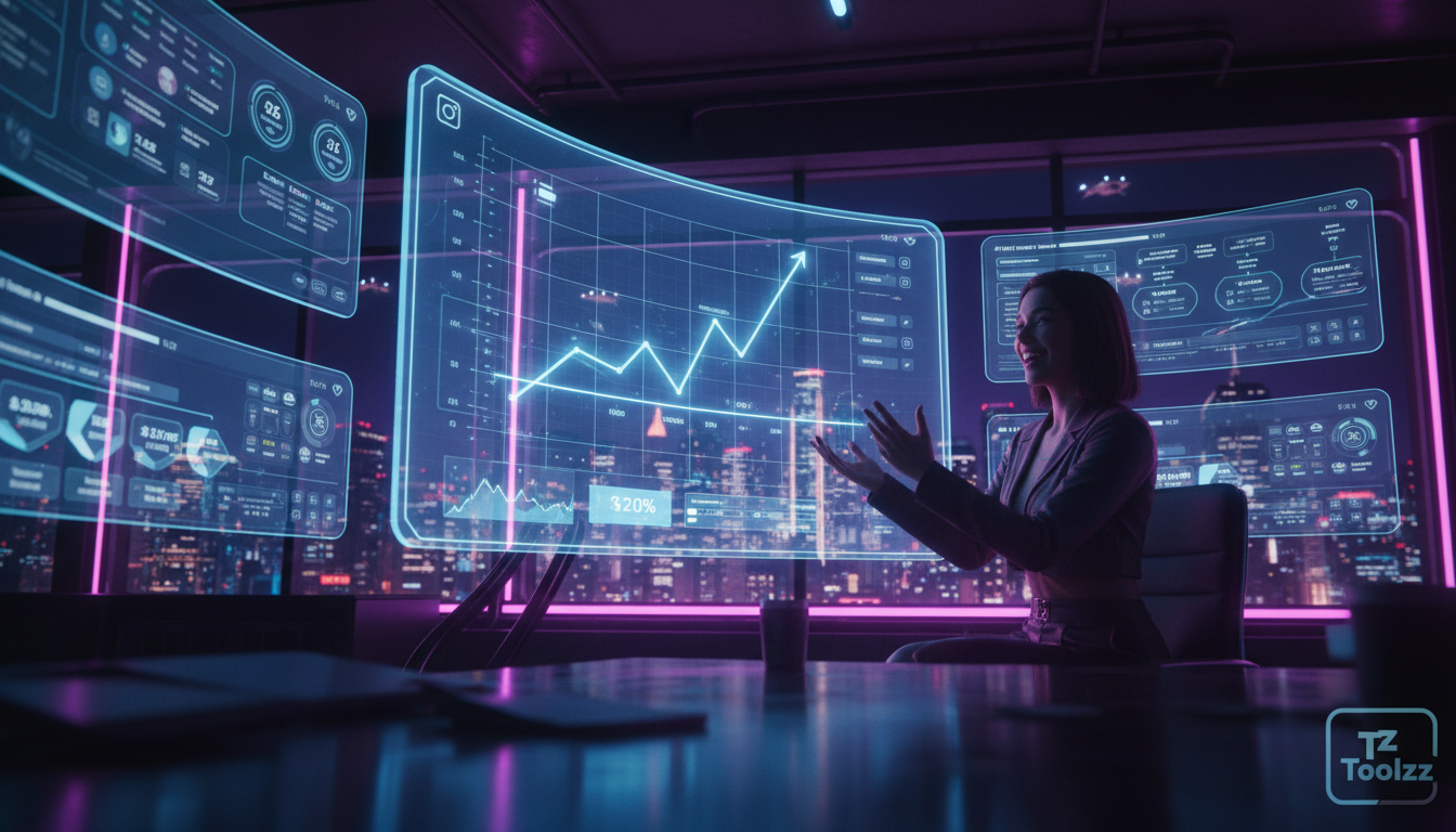 Como Toolzz transforma automação Instagram em receita — Visão de um escritório moderno com várias telas mostrando dashboards do Instagram. Em uma das telas, um gráfico de crescimento de leads e vendas