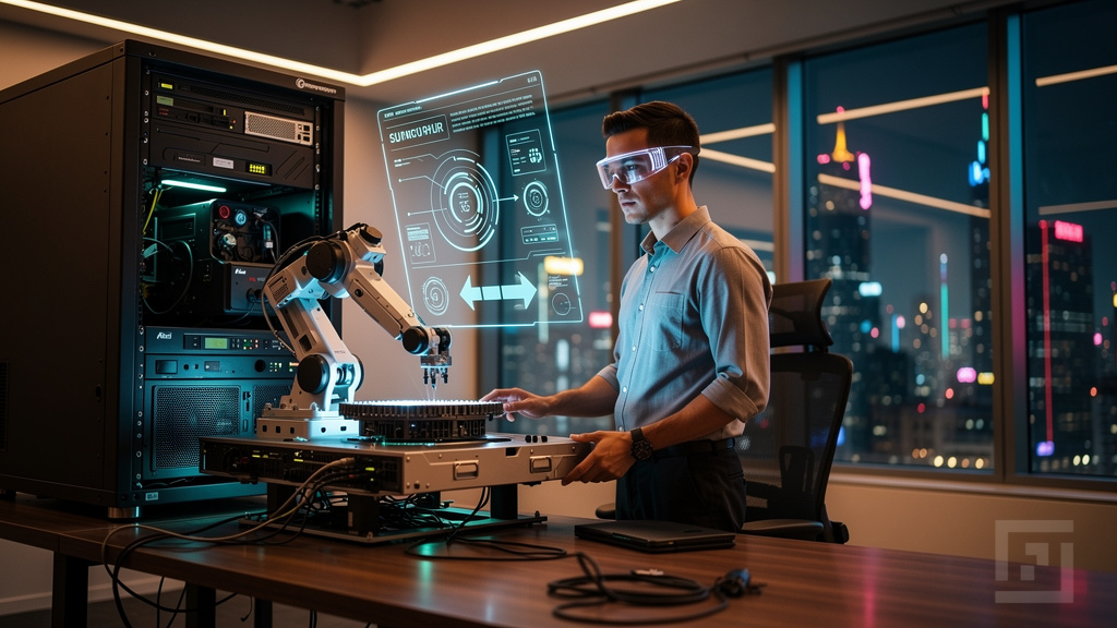 Como Toolzz transforma educação corporativa em receita em 2026 — Um escritório contemporâneo com grandes janelas e vista panorâmica da cidade. Um colaborador está usando óculos de realidade aumentada 