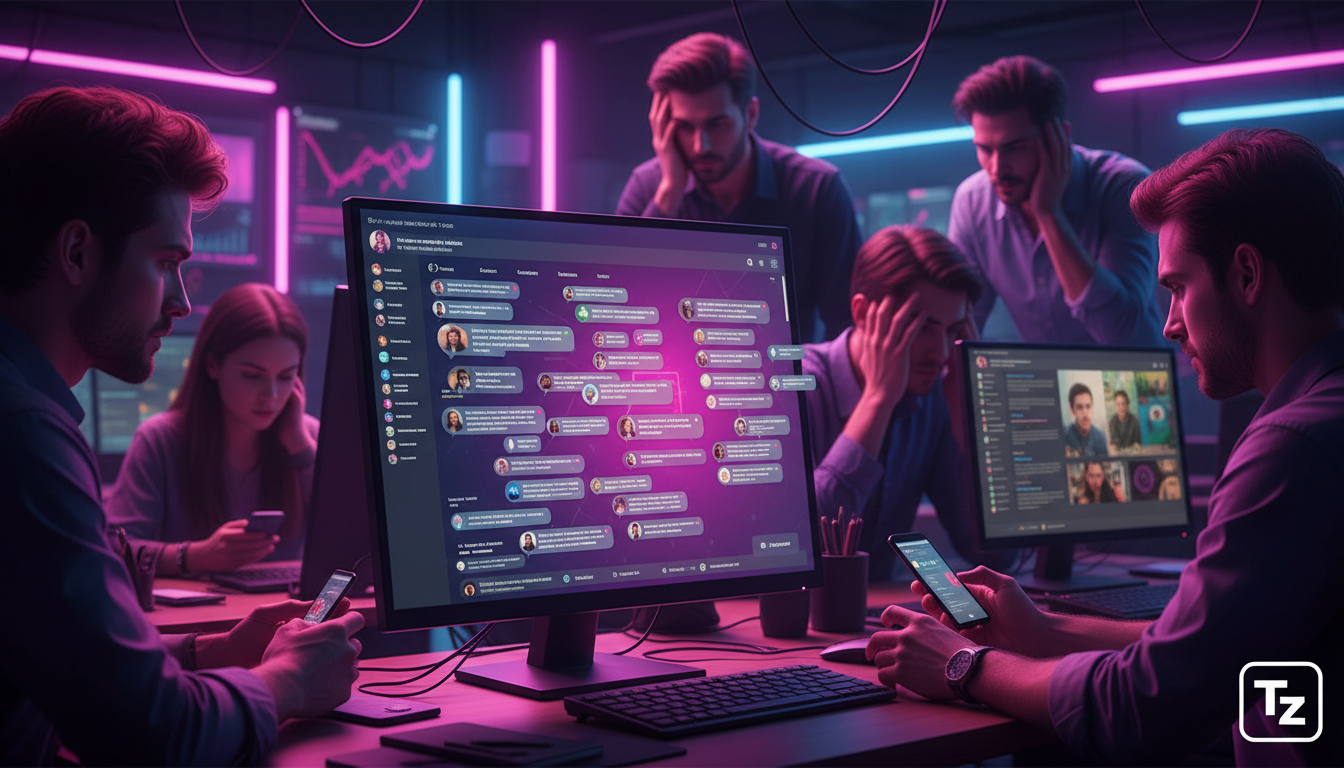 Como Toolzz transforma Instagram em receita — Um escritório moderno e movimentado, com atendentes de vendas sobrecarregados de trabalho, olhando para telas de computador e smartphones com expressões d
