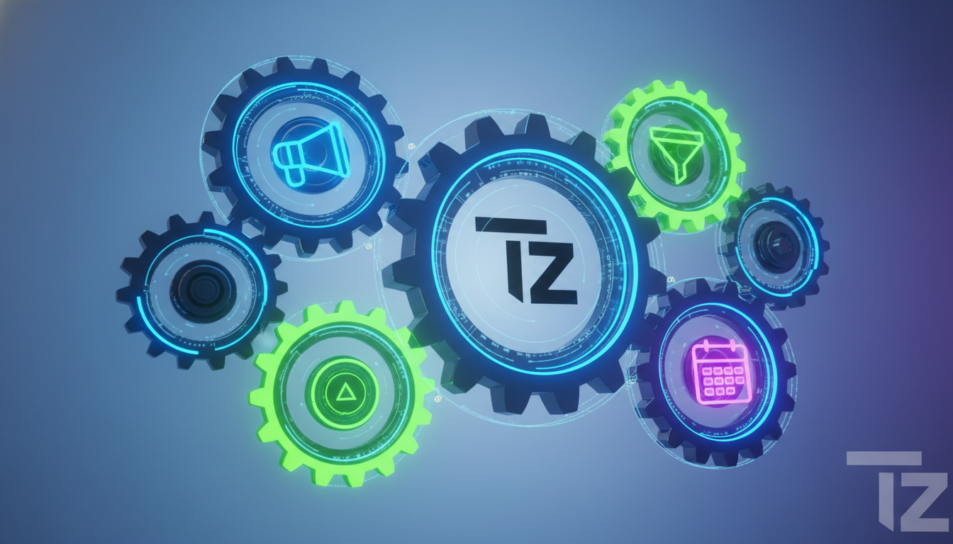 Como Toolzz transforma Instagram em receita — Um fluxo de trabalho automatizado visualizado como engrenagens interconectadas em tons de azul e verde. As engrenagens representam diferentes etapas do pr