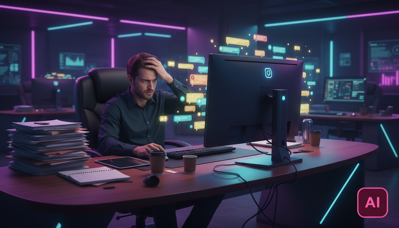 Como Toolzz transforma Instagram em receita — Um profissional de marketing digital, em um escritório moderno e iluminado, visivelmente frustrado enquanto tenta responder a inúmeras mensagens do Instag