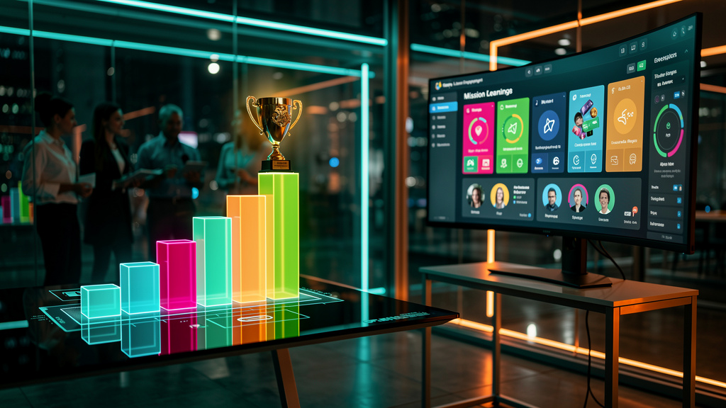 Como Toolzz transforma Missões em Receita — Ilustração de um gráfico de barras ascendente mostrando o aumento do engajamento dos funcionários ao longo do tempo. As barras representam diferentes meses