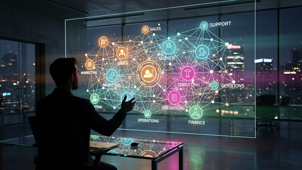 Como Toolzz transforma Protocolo Agent-to-Agent em receita — Um diagrama de rede complexo que representa o Protocolo Agent-to-Agent (A2A). Vários nós (agentes de IA) estão interconectados por linhas d