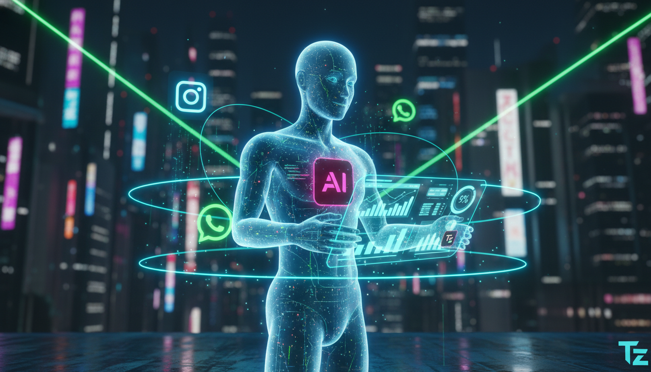 Como Toolzz transforma social media em receita com IA em 2026 — Um agente de IA da Toolzz, visualizado como uma projeção holográfica amigável e eficiente, gerenciando simultaneamente múltiplas convers