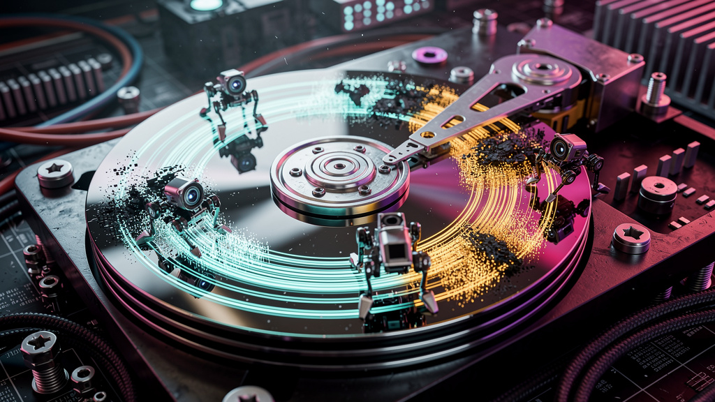 Como Treinar uma IA: Guia Completo para Resultados — Um close-up de um disco rígido aberto, revelando padrões intrincados de dados fluindo como rios digitais. Pequenos robôs autônomos (estilo 'nanobot