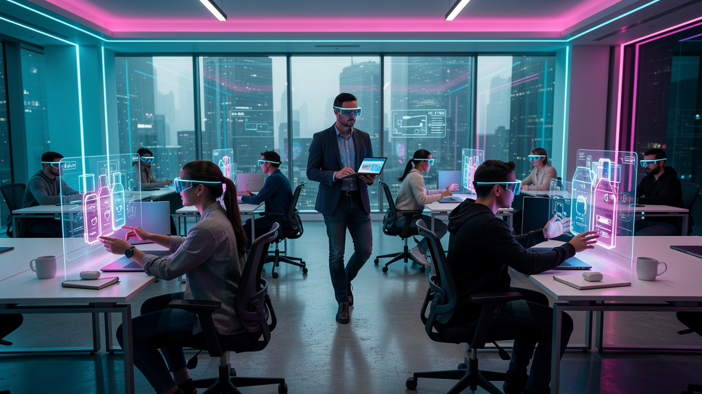 Como Universidades Corporativas se Encaixam na Jornada do Cliente em 2026 — Uma sala de aula futurista com alunos usando óculos de realidade aumentada (RA) para interagir com modelos 3D de produtos. U