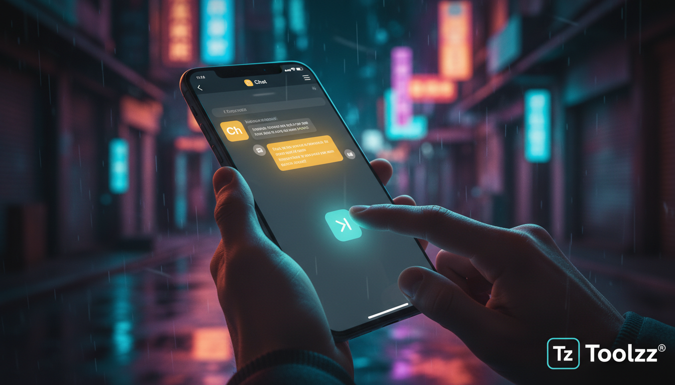 Como Vender no Instagram com IA Evoluiu e Para Onde Vai em 2026 — Um close-up das mãos de uma pessoa usando um smartphone para interagir com um chatbot de atendimento ao cliente no Instagram. A interf