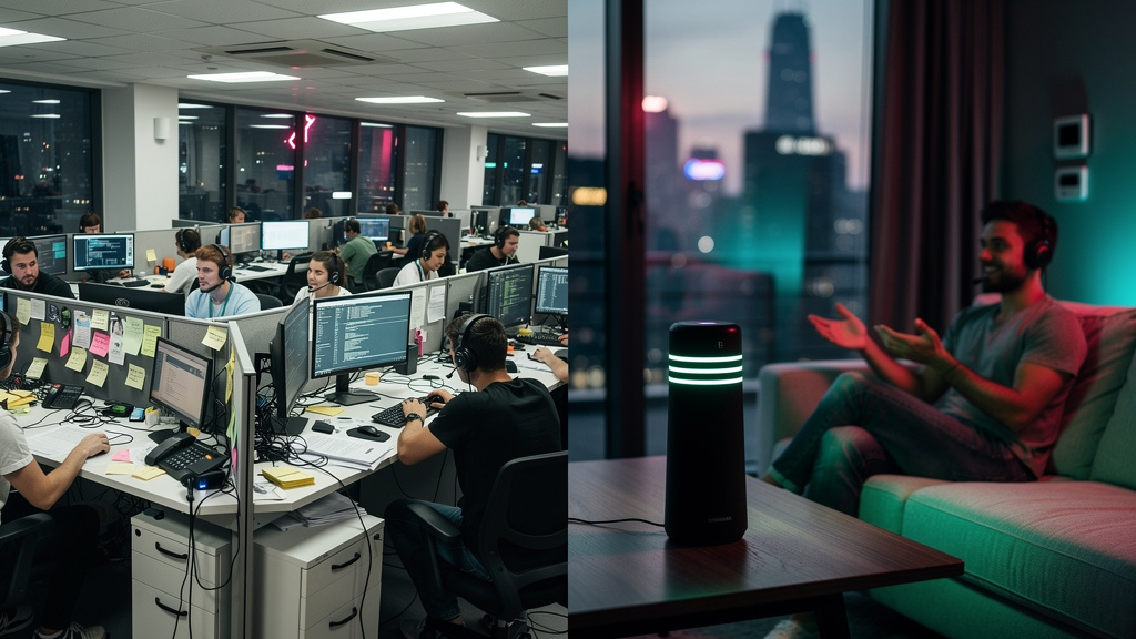 Como Voice AI impacta a experiência do cliente em 2026 — Uma tela dividida mostrando, de um lado, um call center tradicional lotado de operadores em cabines apertadas, com expressões de estresse e pil