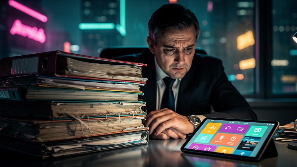 Comparativo definitivo: Toolzz vs Docebo 2026 — Um executivo frustrado em frente a uma pilha de manuais de treinamento desatualizados, com a expressão facial mostrando desinteresse e tédio. No canto i