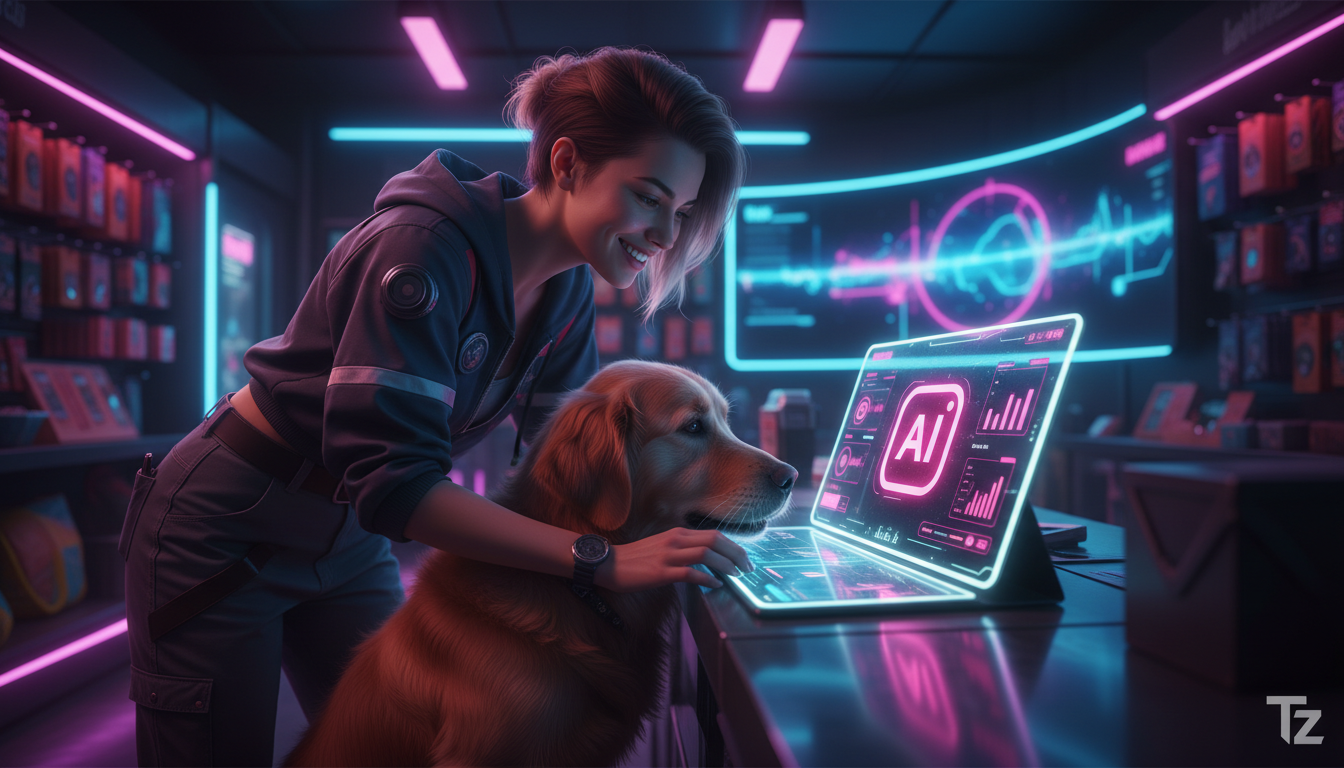 Comparativo definitivo: Toolzz vs ManyChat para Agente IA Instagram — Foto realista de uma pet shop moderna e bem iluminada. Uma dona de pet sorridente observa seu cão interagindo com um tablet que ex