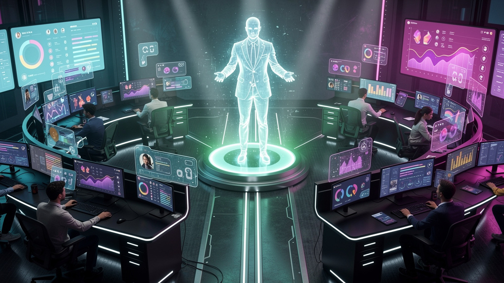 Comparativo definitivo: Toolzz vs ManyChat para automação do Instagram em 2026 — Visão aérea de uma sala de controle futurista com vários monitores exibindo dashboards de análise de dados do Instagram