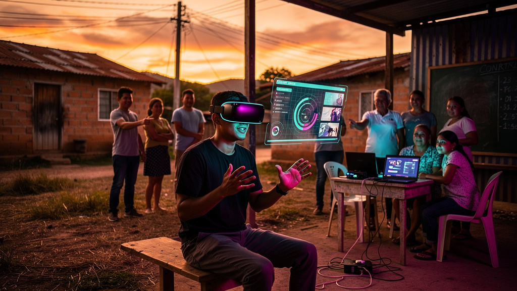 Comparativo Definitivo: Toolzz vs Sympla para ONGs em 2026 — Uma pessoa usando óculos de realidade virtual em um ambiente rural, participando de um treinamento online. A interface do curso, com a marc