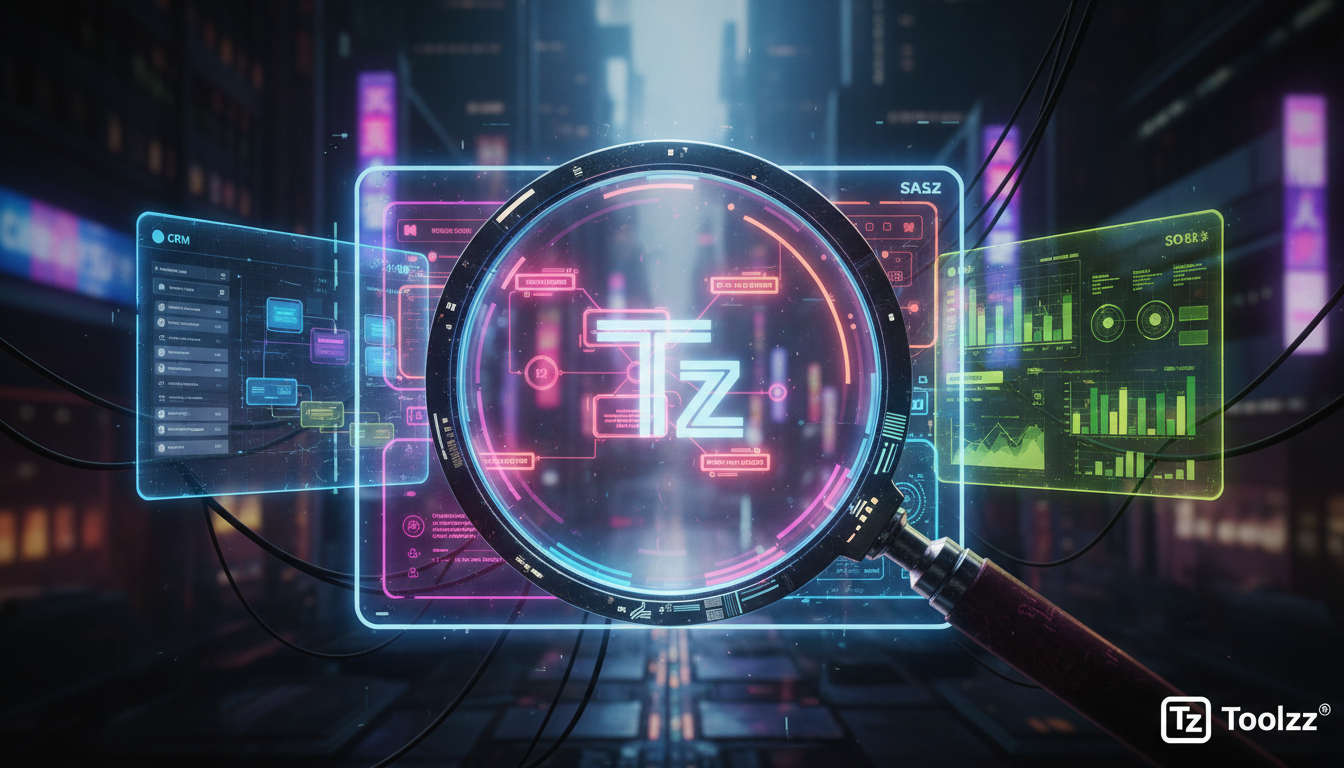 Comparativo SaaS: Como Escolher a Melhor Solução para sua Empresa — Close-up de uma lupa sobreposta a várias interfaces de software SaaS. As interfaces incluem dashboards de CRM, ferramentas de automa