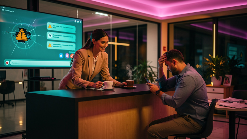 Comparativo: Toolzz vs Atendimento Humano para 2026 — Uma recepcionista em um escritório moderno, oferecendo um café para um cliente visivelmente frustrado. Ao fundo, um monitor exibe um chatbot da To