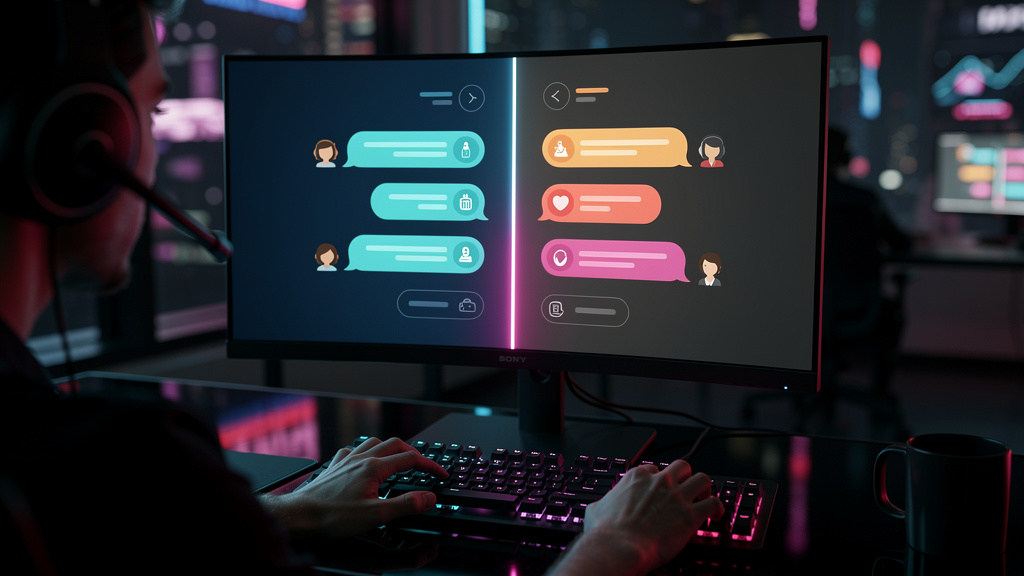 Comparativo: Toolzz vs Atendimento Manual para 2026 — Um close-up de uma tela de computador mostrando uma conversa de chat. Metade da tela exibe a interface de um chatbot com respostas automatizadas, 