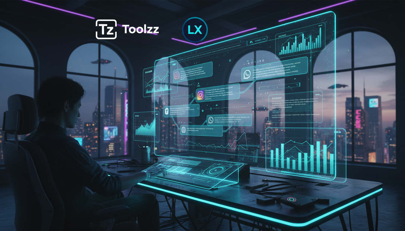 Comparativo: Toolzz vs Hootsuite para Automação de Marketing no Instagram — Uma tela de dashboard unificado mostrando conversas de diferentes canais (Instagram, WhatsApp, e-mail) centralizadas. O logo