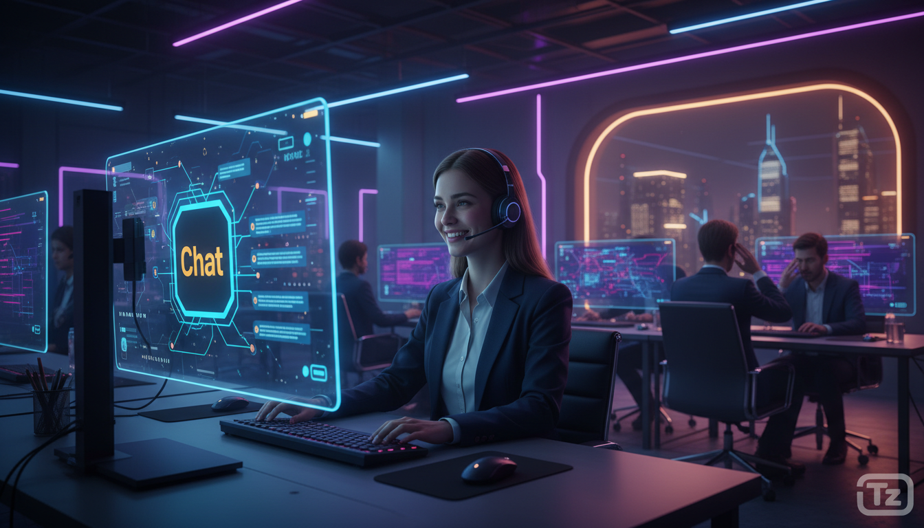Comparativo: Toolzz vs Kommo para Automação no Instagram — Visão panorâmica de um escritório moderno e vibrante, com diversos agentes de atendimento ao cliente trabalhando em seus computadores. Em pri