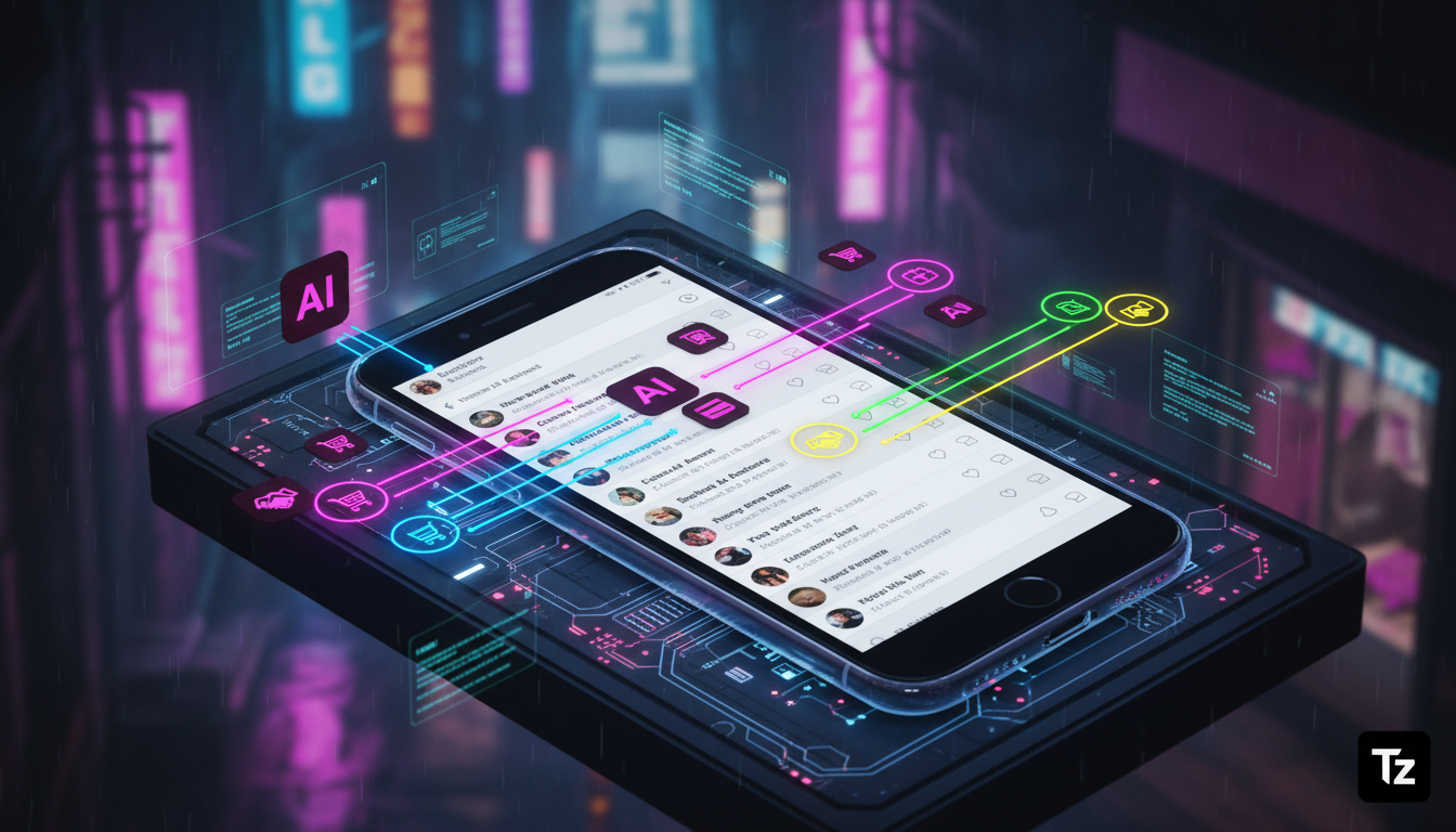 Comparativo: Toolzz vs ManyChat para IA no Instagram — Visão isométrica de uma tela de smartphone exibindo um feed do Instagram repleto de comentários e mensagens diretas. Agentes de IA do Toolzz resp