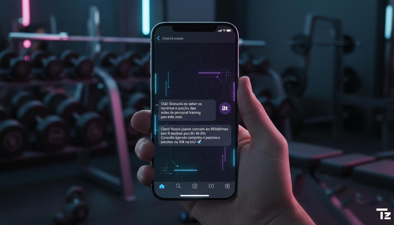 Comparativo: Toolzz vs ManyChat para Instagram 2026 — Close-up de um smartphone mostrando uma conversa no Instagram. De um lado, a mensagem de um potencial cliente perguntando sobre horários e preços.