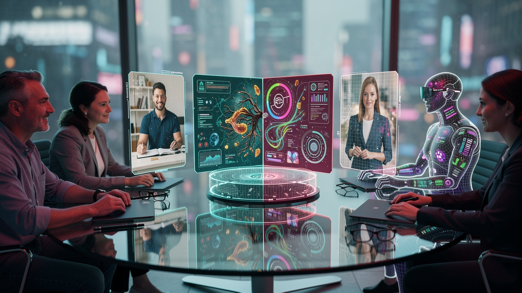 Comparativo: Toolzz vs Monday AI para Equipes Híbridas em 2026 — Uma mesa redonda de reunião, com metade dos participantes sendo pessoas em diferentes locais (mostrados em telas holográficas individua