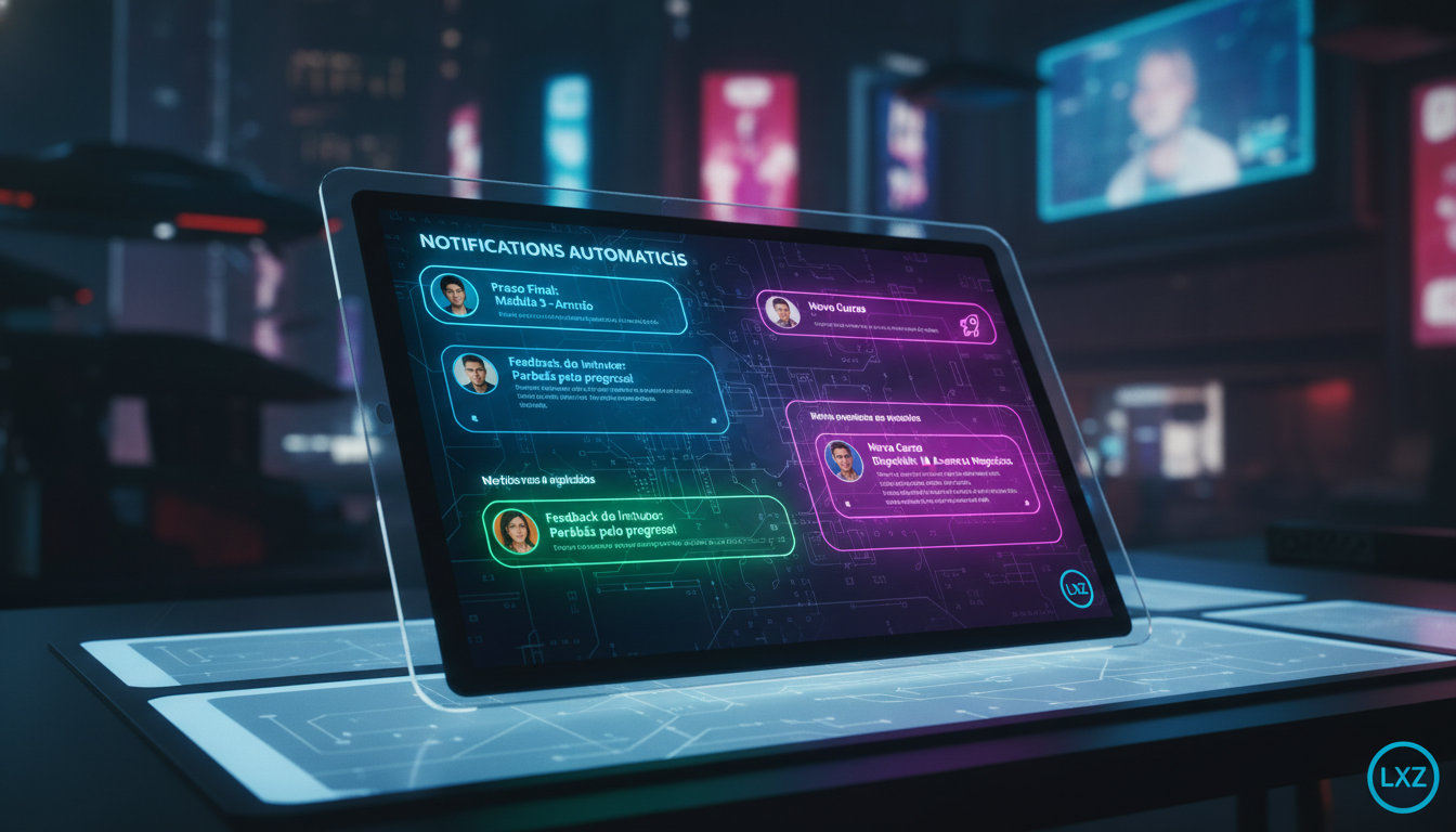 Comparativo: Toolzz vs Outros para Notificações Automáticas em 2026 — Uma tela de LXP/LMS exibindo uma série de notificações automáticas personalizadas para diferentes alunos. As notificações incluem 