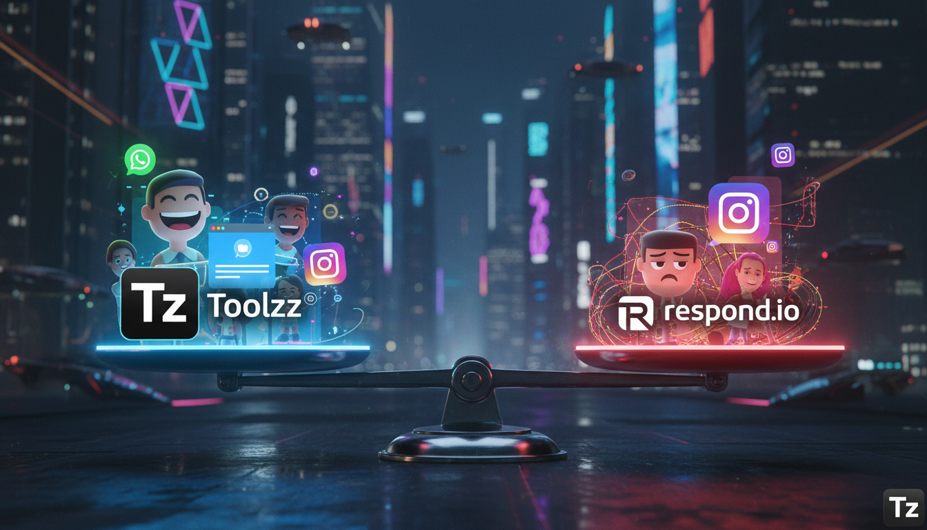 Comparativo: Toolzz vs Respond.io para Instagram — Ilustração digital vibrante mostrando uma balança equilibrada. De um lado, o logo da Toolzz sorri enquanto conversa com vários avatares de clientes e
