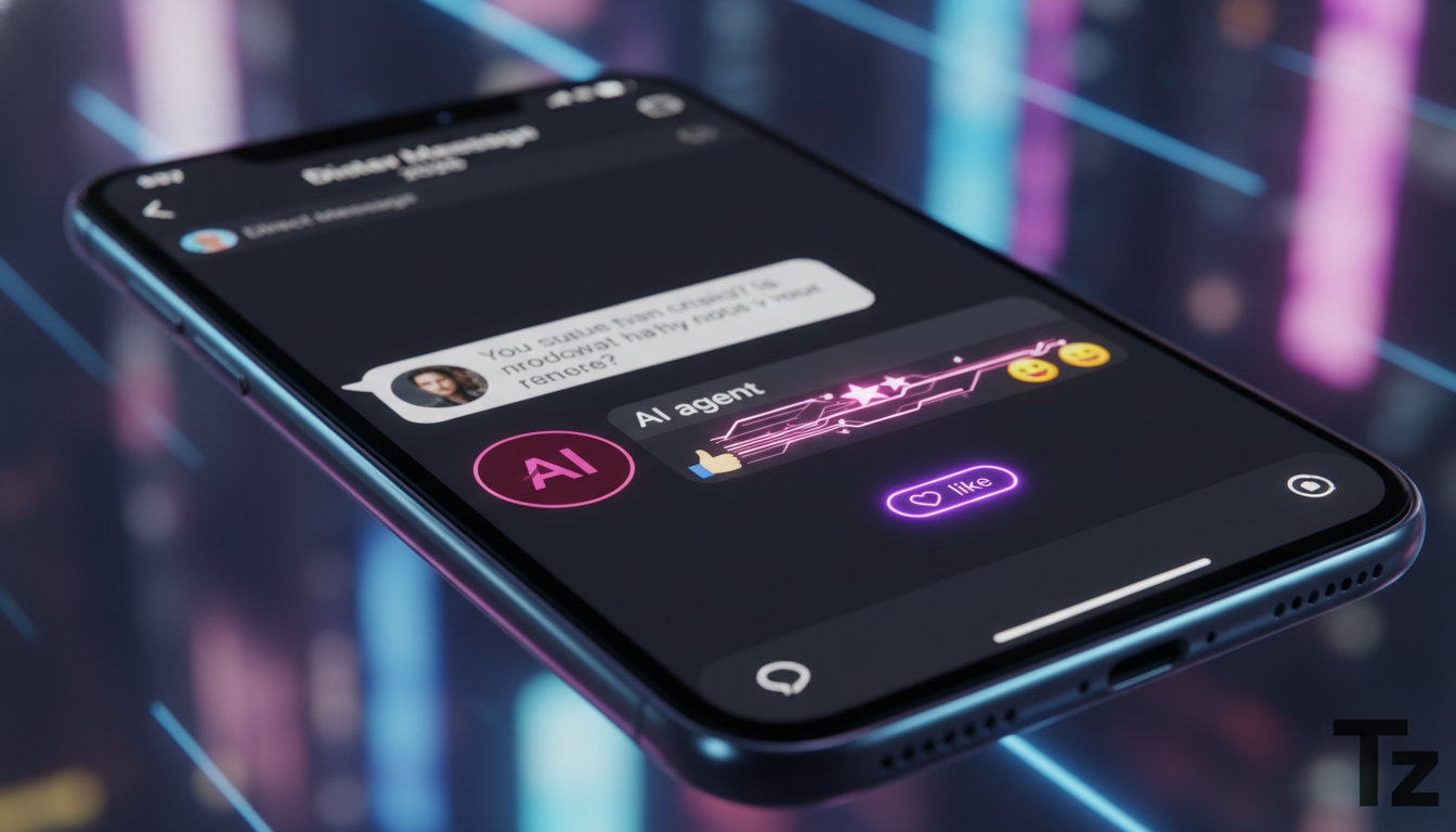 Comparativo: Toolzz vs Zendesk para Automação Instagram 2026 — Close-up de um smartphone exibindo uma conversa no Instagram Direct. Um agente de IA da Toolzz responde instantaneamente a uma pergunta s