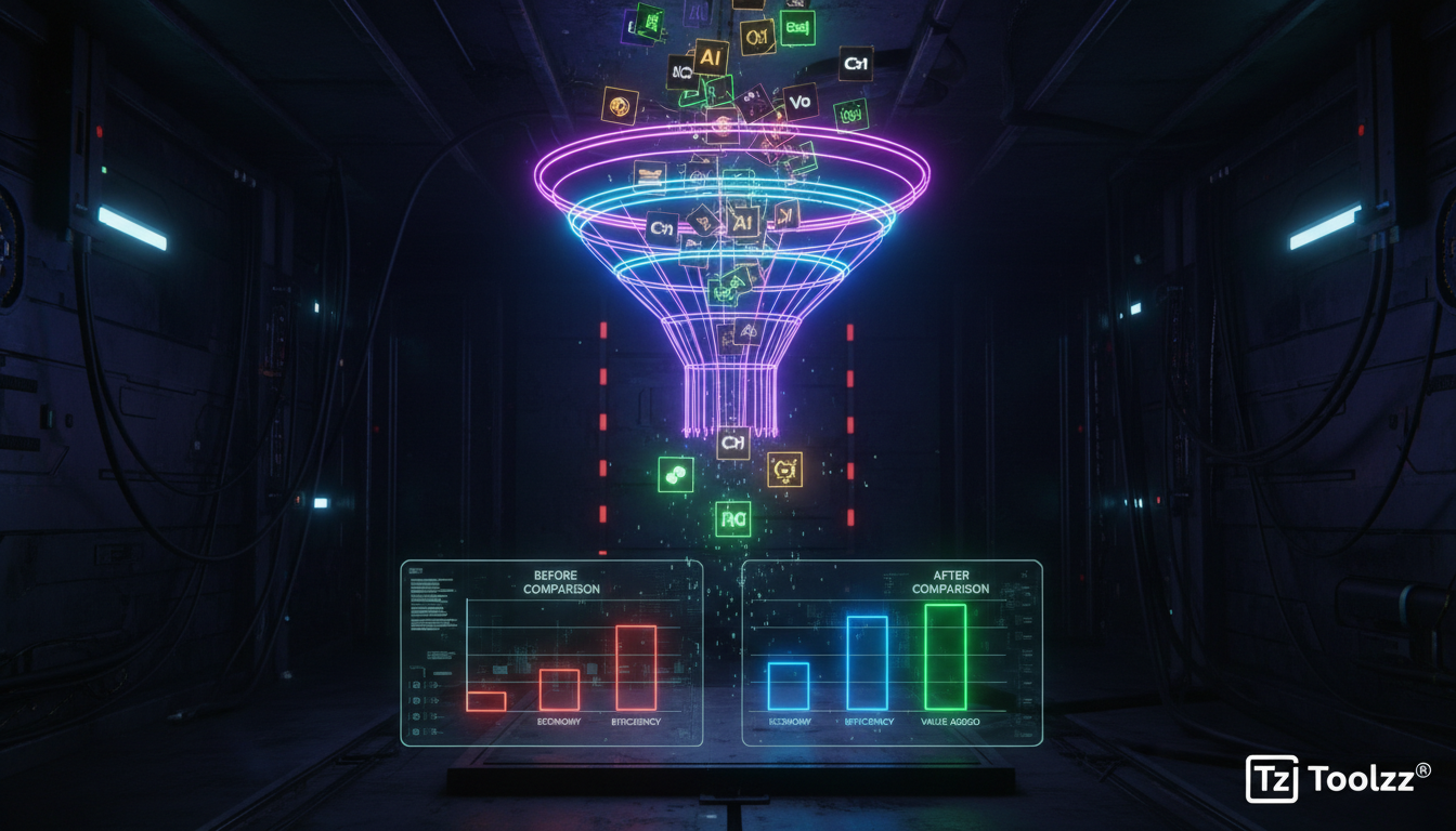 Comparativos SaaS: Escolha a Ferramenta Certa para Sua Empresa — Infográfico comparando a importância de comparar soluções SaaS. No bloco superior, um funil mostrando várias opções de SaaS entrando e 