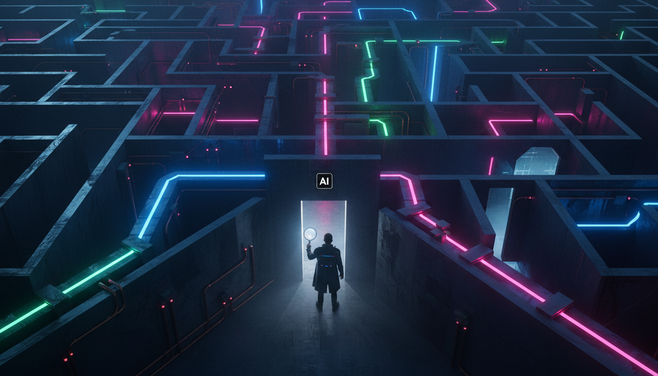 Compreendendo a IA: A Importância da Compreensão Antes da Resposta — Um labirinto complexo visto de cima, com várias bifurcações e becos sem saída. Uma pequena figura humana, com uma lupa na mão, está