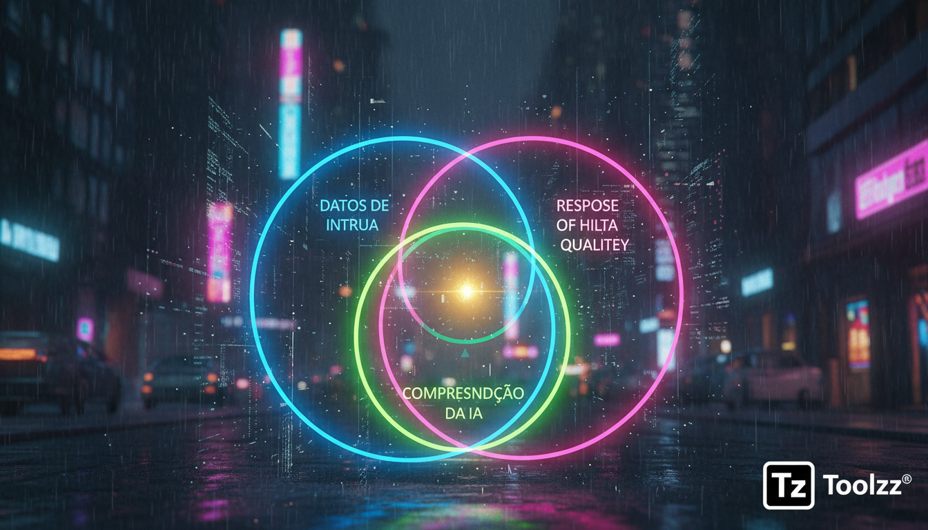 Compreensão da IA: O Elo Perdido na Qualidade de Agentes Inteligentes — Um diagrama de Venn colorido mostrando a sobreposição entre 'Dados de entrada', 'Compreensão da IA' e 'Resposta de alta qualidad