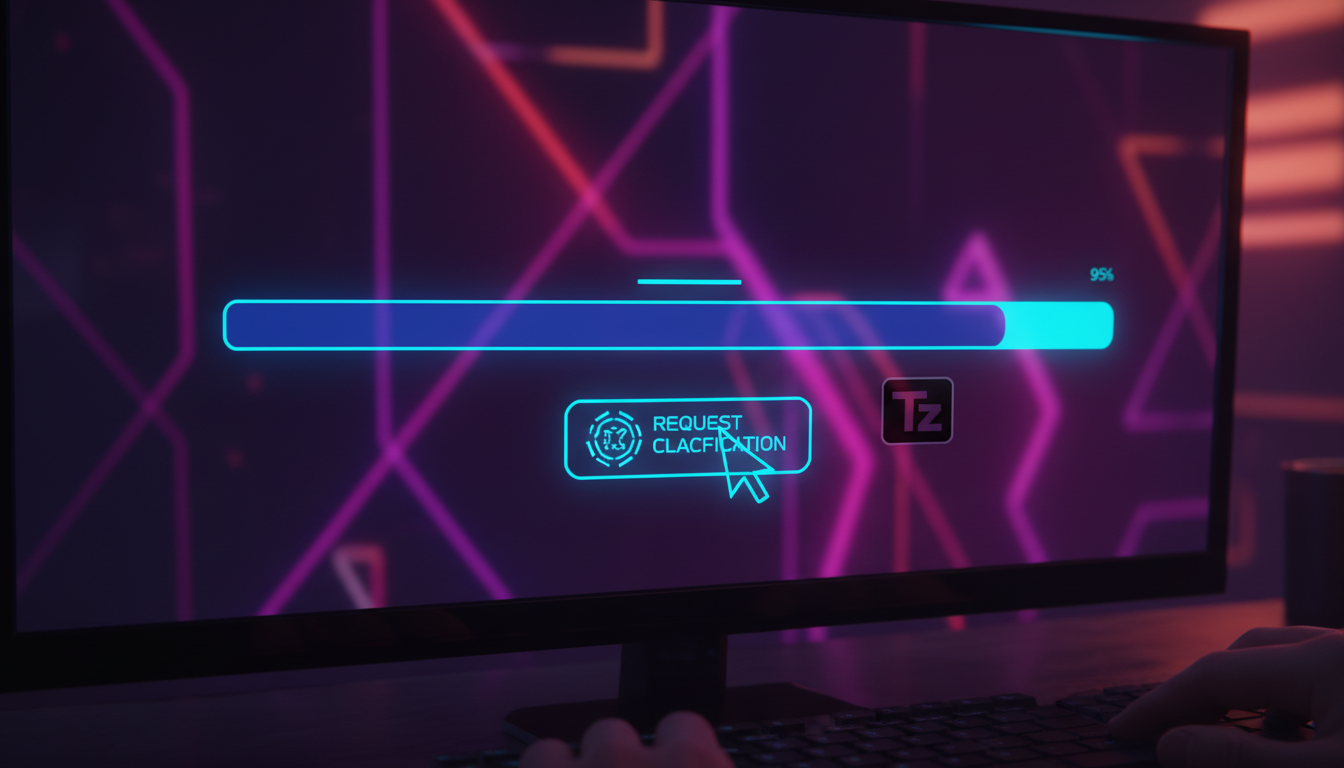 Compreensão da IA: Por que entender a pergunta é mais importante que a resposta — Um close-up de uma tela de computador mostrando uma barra de progresso preenchida até 95%, com os últimos 5% em um tom