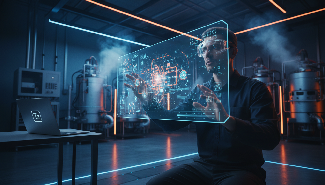 Computação Quântica: Avanço na Correção de Erros em Tempo Real — Um cientista de dados em um laboratório de computação quântica, usando óculos de realidade aumentada. Ele está olhando para um display 