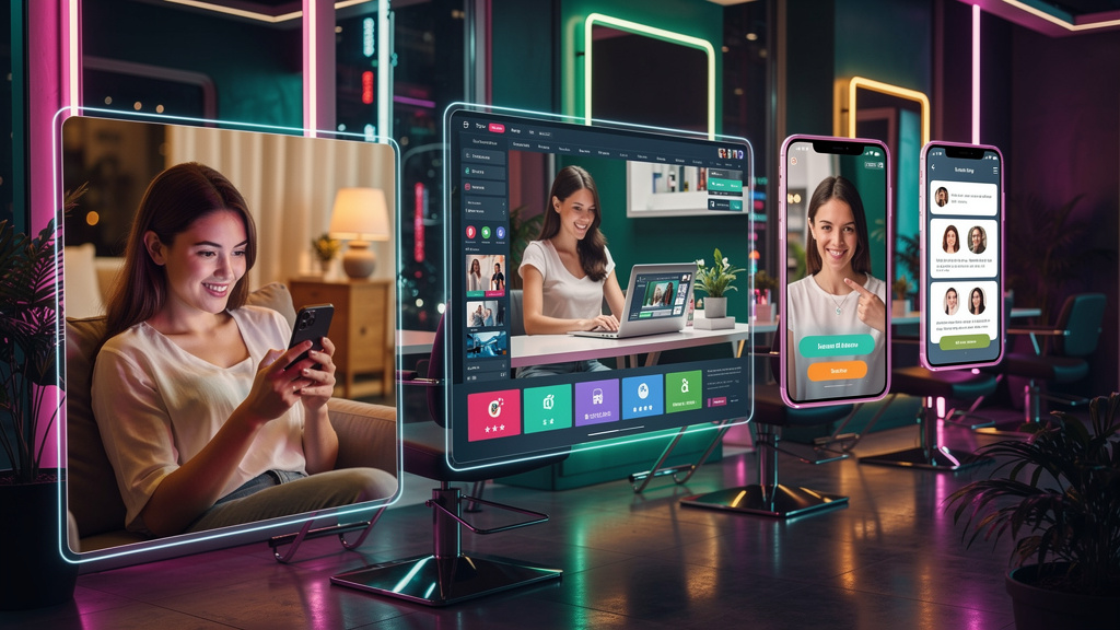 Content Marketing com IA: Atraia Clientes para seu Salão — Um diagrama visual que ilustra o funil de conteúdo automatizado com IA para salões de beleza. No topo (ToFu), uma cliente sorrindo lendo um a