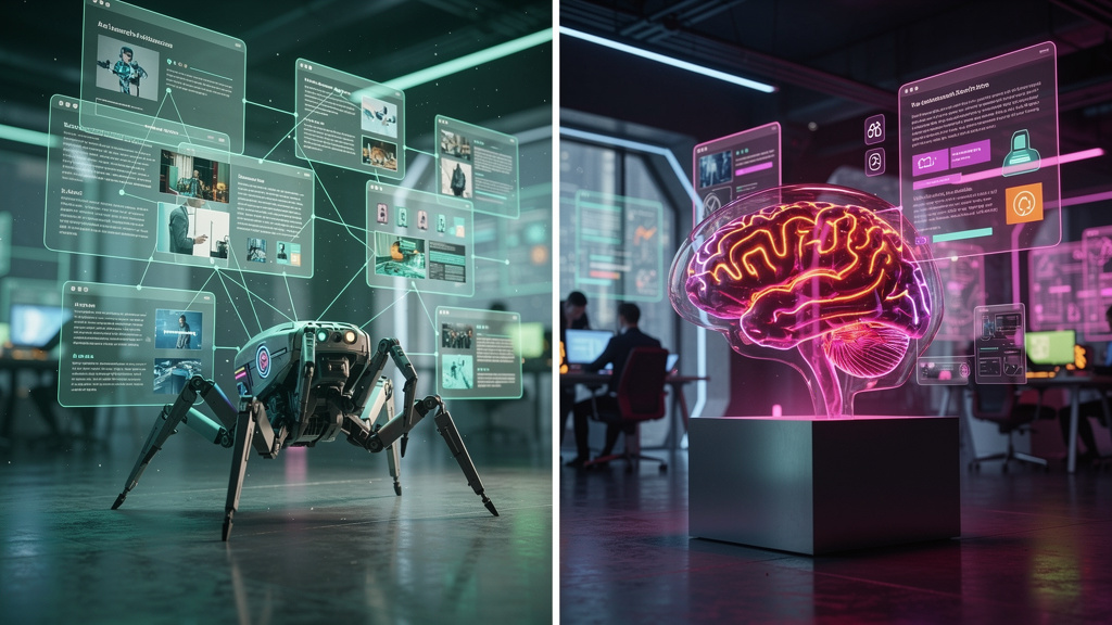 Content Marketing IA: Como Agências se Tornam Referência — Representação visual da indexação de conteúdo por LLMs versus mecanismos de busca tradicionais. Lado esquerdo: um robô do Google rastreando l