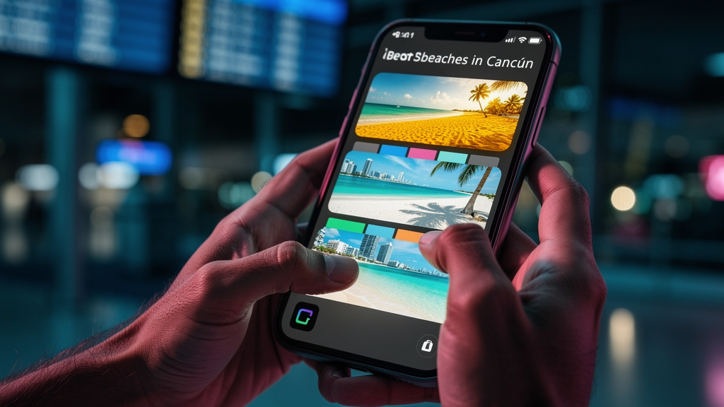 Content Marketing IA: Estratégia Zero-Click para Turismo — Um usuário digitando uma pergunta sobre 'melhores praias em Cancún' em um celular. A tela do celular mostra um 'Google AI Overview' com um re