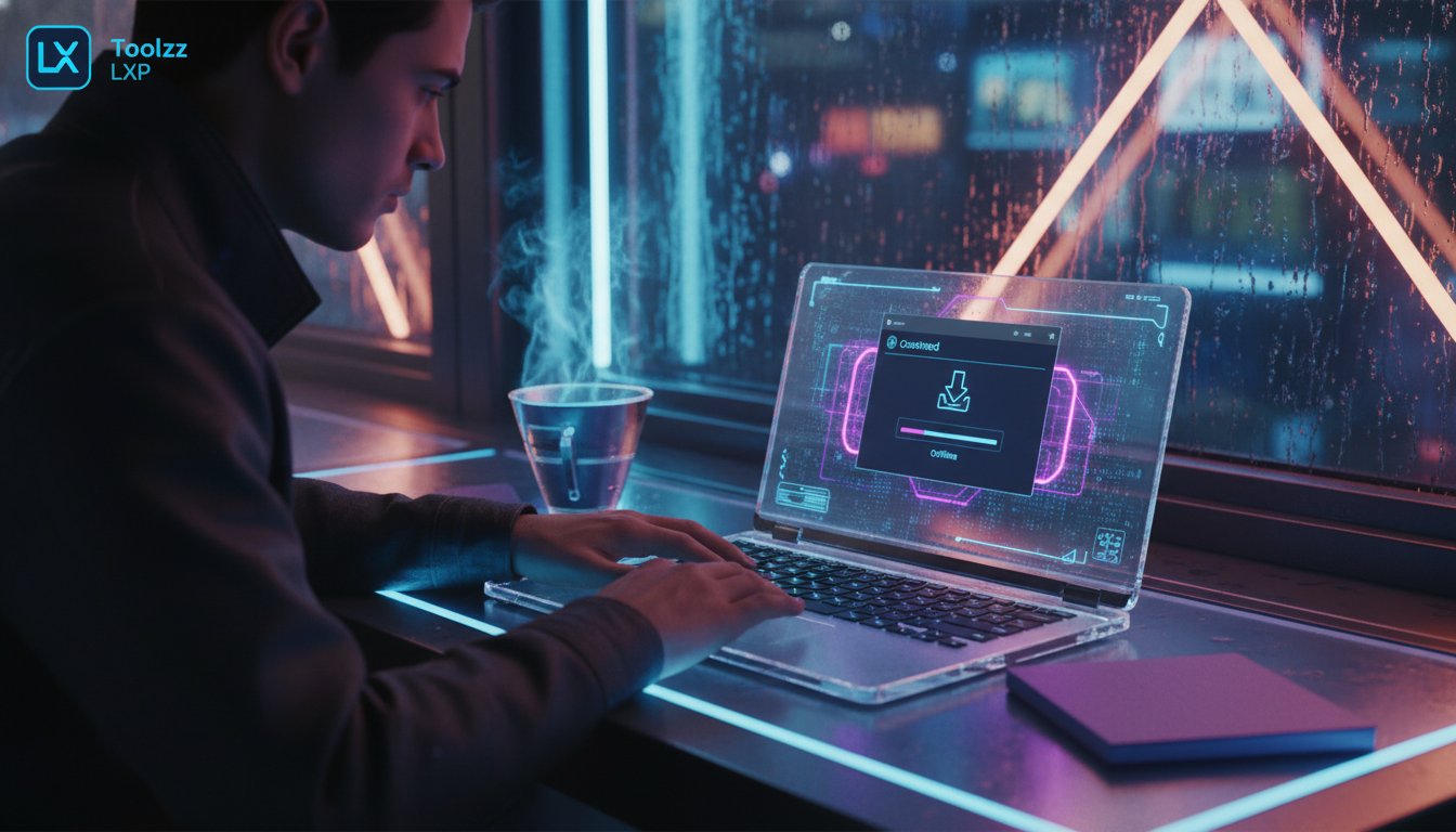 Conteúdo Offline: O Guia Completo para EAD — Um usuário em um café, concentrado em seu laptop, com a interface da Toolzz LXP exibindo materiais de curso offline. Uma xícara de café e um caderno estão 