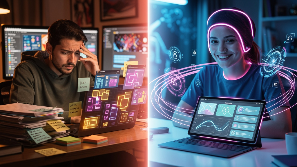 Conteúdo para IA Generativa: Domine o Google com a Toolzz — A split-screen illustration. On the left, a frustrated online educator overwhelmed by content creation tasks. On the right, the same educato