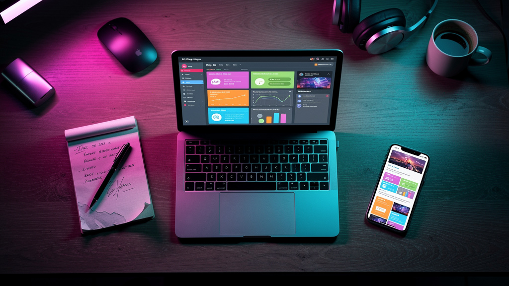 Conteúdo para IA Generativa: Inbound Marketing para Consultores e Coaches — Visão aérea de uma mesa de escritório organizada com um laptop aberto mostrando a interface do Agente AI de Blog da Toolzz. 