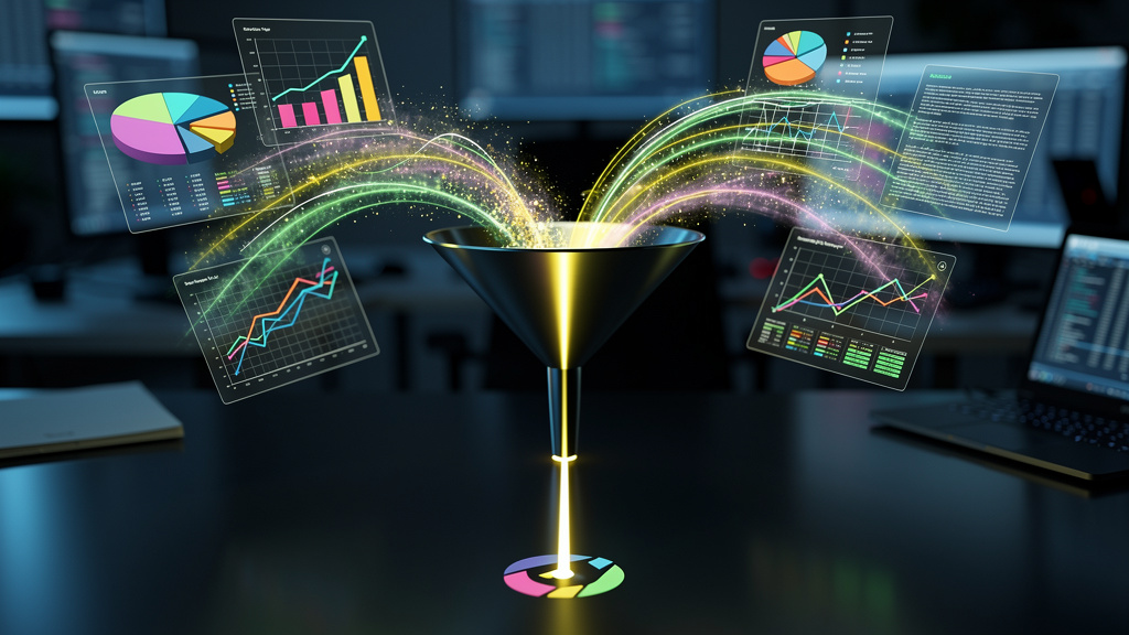 Conteúdo para IA Generativa: Otimize seu Blog Contábil — Um close-up estilizado de um funil com várias fontes de dados (gráficos, textos, planilhas) entrando no topo e convergindo para um único ponto 